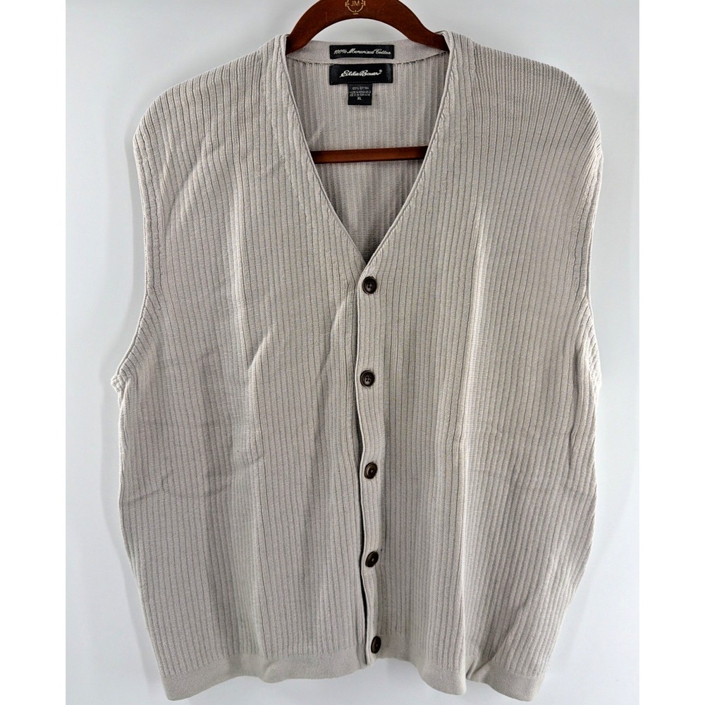 Vintage Eddie Bauer Ribbed Knit Cardigan Sweater Vest Mens XL Beige Y2K 90's